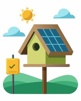 A functional birdhouse with a solar panel that also charges a small battery allowing for continuous light during cloudy days or even into the evening.. illustration. vector