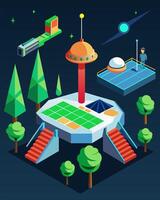 A hightech laser tag arena powered by solar energy offering an immersive and sustainable experience for players.. illustration. vector