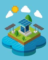 A floating solar platform with advanced purification technology providing clean water to a remote island community.. illustration. vector