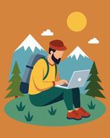 A hiker typing away on a rugged durable laptop that is powered by the sun while they explore the vast wilderness.. illustration. vector