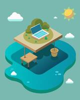 A floating desk on a serene pond powered by solar panels attached to the underside of the desk.. illustration. vector