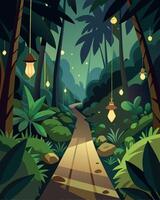 A hidden rainforest trail brought to life by the ling solarpowered lights tered throughout the path.. illustration. vector