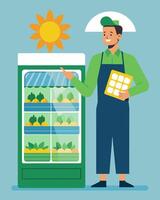 A grocery store manager happily showcases the stores commitment to sustainability by using solarpowered refrigerators to keep their products cool and fresh.. illustration. vector