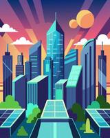 A futuristic cityscape where every building is equipped with solar cells creating a dazzling display of gleaming panels amidst the concrete jungle.. illustration. vector