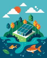 A harmonious blend of nature and technology where solarpowered fish farms coexist peacefully with the surrounding ecosystem.. illustration. vector