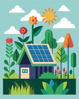 A green rooftop sanctuary featuring solar panels that provide renewable energy to power the gardens impressive array of plants and flowers.. illustration. vector