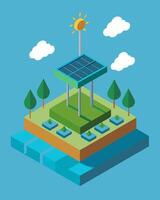 A floating solar array providing energy while also creating a habitat for aquatic plants and animals.. illustration. vector