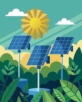 A group of solar panels gleaming in the sun providing power for a network of remote monitoring cameras spread throughout a dense jungle.. illustration. vector