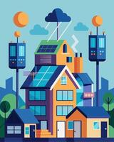 A hightech apartment complex with each unit equipped with a smart home system that tracks and optimizes energy usage all powered by a large solar panel system on the roof.. vector