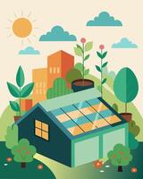 A hidden gem on the rooftops featuring a lush garden and solar panels that work together to create a selfsustainable and environmentallyfriendly space.. illustration. vector