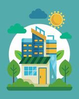 An ecofriendly hotel promotes its use of solarpowered air conditioning as part of its commitment to sustainable tourism.. illustration. vector