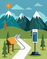 A hiking trailhead features a solarpowered charging station encouraging hikers to safely take their devices with them on their nature excursions without worrying about battery. vector