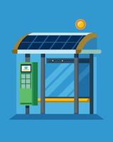 A hightech bus shelter with a touchscreen display powered by solar panels providing realtime bus schedules and weather updates.. illustration. vector