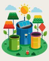 A gardenlike oasis with colorful bins labeled for different types of materials all powered by solar panels lining the perimeter.. illustration. vector