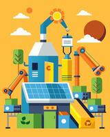 A hightech facility featuring automated machines capable of sorting and compacting recyclables using solely solar energy.. illustration. vector
