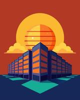 A futuristic data center with its walls made entirely of solar panels designed to mimic the appearance of a large glowing sun.. illustration. vector