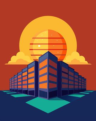 A futuristic data center with its walls made entirely of solar panels designed to mimic the appearance of a large glowing sun.. illustration.