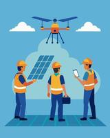 A group of technicians using a drone to survey and assess the condition of solar panels on a remote installation.. illustration. vector