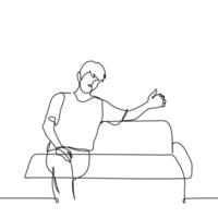 man sits as if hugging the person sitting next to him, but no one is visible - one line art . concept imaginary friend vector