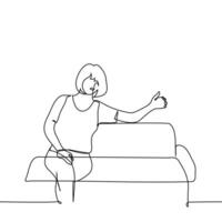 woman sits as if hugging a person sitting next to her, but no one is visible - one line art . concept imaginary friend vector