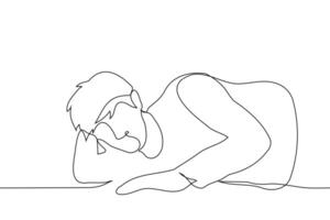 man lies with his hand clasped. down in front of him, the other hand supports his head and he looks into the camera - one line art . concept invite to bed vector