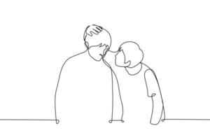 man bends down, strokes his head and looks into the face of a standing sad man - one line . concept of consoling, comforting, petting a friend's head vector