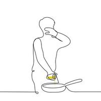 man covers his face with his hand while pouring vegetable oil into a frying pan in front of him, he is afraid of hot steam - one line art. newbie to cooking, bachelor learning to cook vector