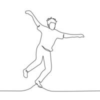 man jumps to his full height, he is joyful and happy - one line art . concept of delight, skipping, tripping, sprung, lope vector