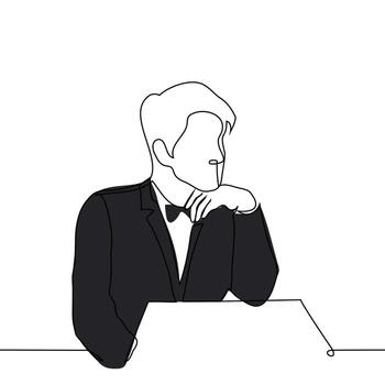 man in a black tuxedo and bow tie sits at a table with his chin resting on his hand - one line art . concept of a gentleman waiting on a date vector