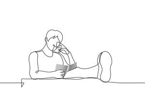 man reading sitting with his feet on the table - one line drawing . concept read a paper book at the table vector