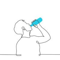 man standing in profile and drinking from a plastic bottle - one line art . thirst quenching concept vector