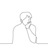 man props up his head with his hand he is in gloomy thoughtfulness - one line drawing . concept unpleasant thoughts, despondency, apathy vector
