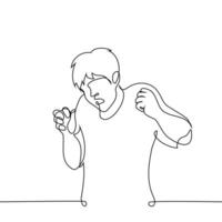 man is scared and looks down with his mouth open and his hands clenched into fists from fear - one line art . concept fear, phobia, disgust and horror vector