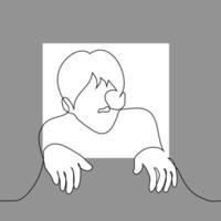 an sticks his head out holding the edges of a small window, he wants to see and get through the window - one line art. peeking, metaphor for small space or claustrophobia vector