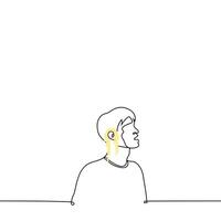 man with noodles on his ears - one line drawing . male portrait with open mouth and spaghetti hanging from the ears. concept to be fooled, deceived by a fool vector