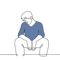 man sits with his legs spread wide apart, resting his elbows on his hips and lowering his head - one line art . concept of fatigue, sadness, apathy, burnout vector
