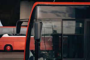 red bus with a black mirror is next to another red bus photo