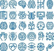Set of 30 Linear Icons Illustrating Brain Functions and Anatomy in Silhouette Design vector