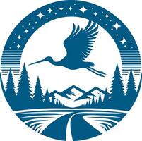 The Serenity of a Stork Soaring Above Majestic Mountains and Endless Pine Trees vector