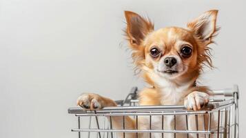 Furry chihuahua in a supermarket trolley on a white background with copy space photo