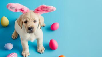 Labrador puppy with rabbit ears and easter eggs on blue background, greeting card, text space photo