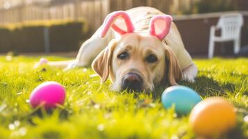 Portrait of a dog with rabbit ears and colored eggs on green grass, Easter concept photo