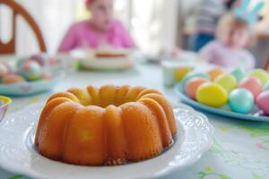 Easter cake with colored eggs on table on background of blurred family with children photo