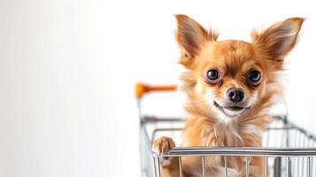 Cute puppy in a trolley on a white background with text space, retail shopping advertisements photo