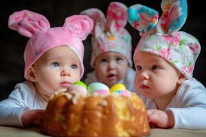 Three cute babies with rabbit ears with Easter cake photo