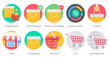 A set of 10 Shopping icons as shopping wallet, add to shopping, remove from shopping vector