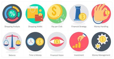 A set of 10 Shopping icons as shopping analysis, shopping wallet, pay per click vector