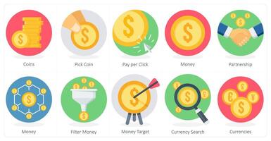 A set of 10 Shopping icons as coins, pick coin, pay per click vector