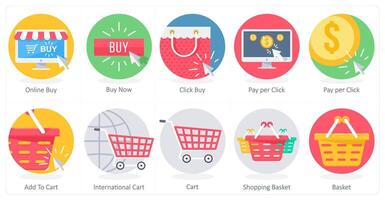 A set of 10 Shopping icons as online buy, buy now, click buy vector