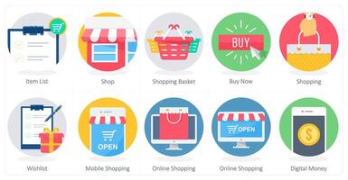 A set of 10 Shopping icons as item list, shop, shopping basket vector